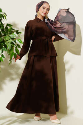 Çift Göğüs Cepli Kuşaklı Etekli Takım Kahve - BERAT TEKSTİL