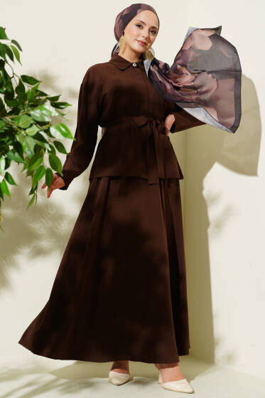 Çift Göğüs Cepli Kuşaklı Etekli Takım Kahve - İkili Takım