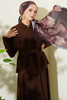 Çift Göğüs Cepli Kuşaklı Etekli Takım Kahve - İkili Takım