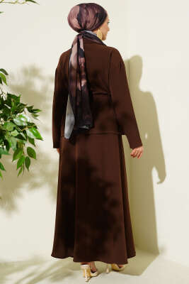 Çift Göğüs Cepli Kuşaklı Etekli Takım Kahve - İkili Takım