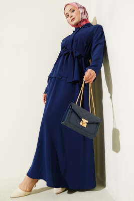 Çift Göğüs Cepli Kuşaklı Etekli Takım Lacivert - BERAT TEKSTİL