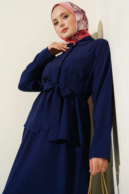 Çift Göğüs Cepli Kuşaklı Etekli Takım Lacivert - İkili Takım