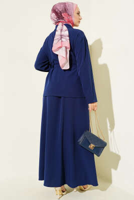 Çift Göğüs Cepli Kuşaklı Etekli Takım Lacivert - İkili Takım