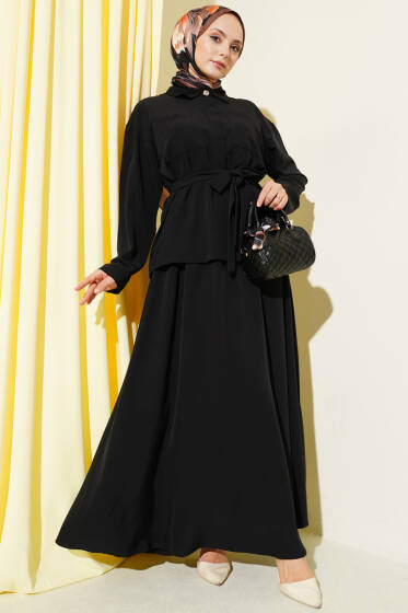 Çift Göğüs Cepli Kuşaklı Etekli Takım Siyah - İkili Takım