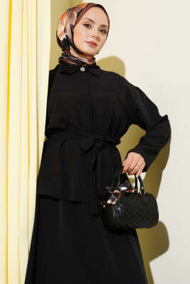 Çift Göğüs Cepli Kuşaklı Etekli Takım Siyah - İkili Takım