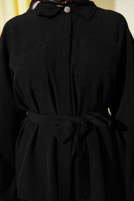 Çift Göğüs Cepli Kuşaklı Etekli Takım Siyah - İkili Takım