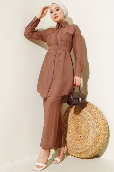 Çift Göğüs Cepli Kuşaklı İkili Takım Kahve - İkili Takım