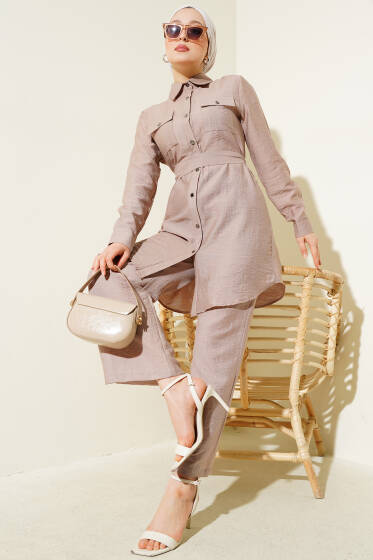 Çift Göğüs Cepli Kuşaklı İkili Takım Vizon - İkili Takım