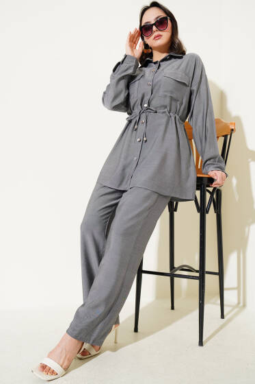 Çift Göğüs Cepli Metal Düğmeli İkili Takım Füme - İkili Takım