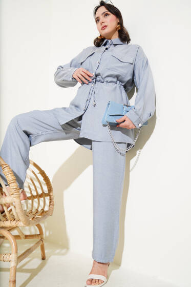 Çift Göğüs Cepli Metal Düğmeli İkili Takım Mavi - İkili Takım