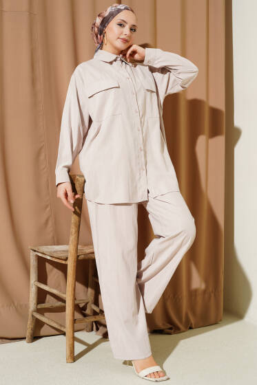 Çift Göğüs Cepli Modal İkili Takım Bej - İkili Takım