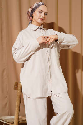 Çift Göğüs Cepli Modal İkili Takım Bej - İkili Takım