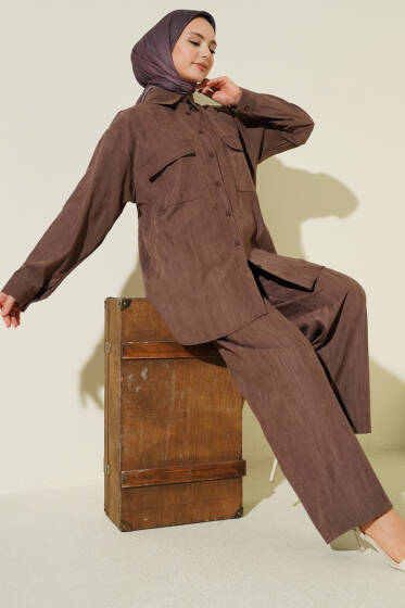 Çift Göğüs Cepli Modal İkili Takım Kahve - İkili Takım