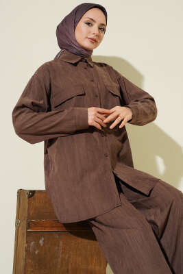 Çift Göğüs Cepli Modal İkili Takım Kahve - İkili Takım