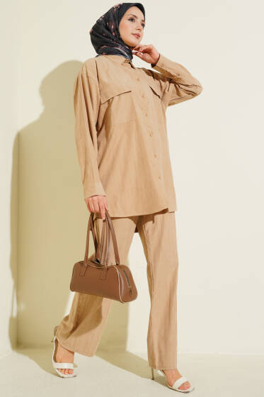 Çift Göğüs Cepli Modal İkili Takım Latte - İkili Takım