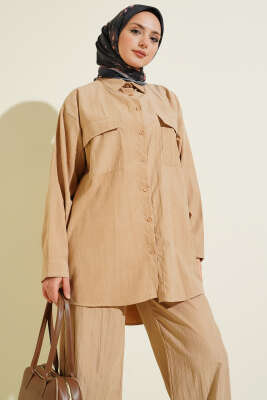 Çift Göğüs Cepli Modal İkili Takım Latte - İkili Takım