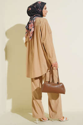 Çift Göğüs Cepli Modal İkili Takım Latte - İkili Takım