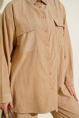 Çift Göğüs Cepli Modal İkili Takım Latte - İkili Takım