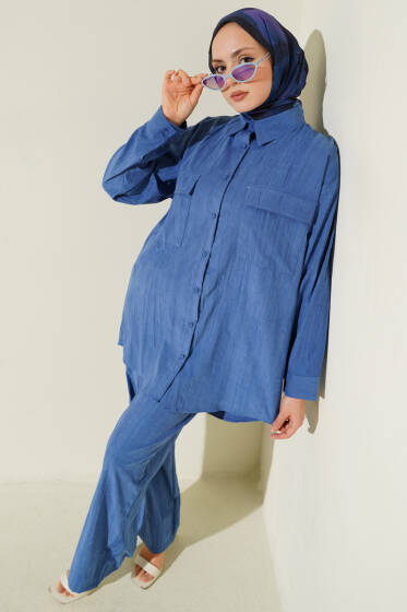 Çift Göğüs Cepli Modal İkili Takım Mavi - İkili Takım