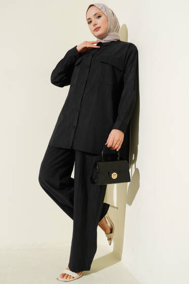 Çift Göğüs Cepli Modal İkili Takım Siyah - İkili Takım