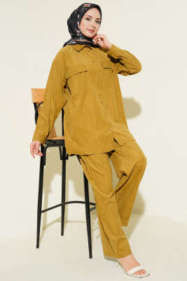 Çift Göğüs Cepli Modal İkili Takım Yağ Yeşili - NEVA MODA