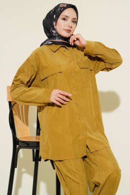 Çift Göğüs Cepli Modal İkili Takım Yağ Yeşili - İkili Takım