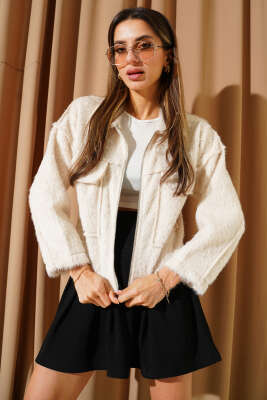Çift Göğüs Cepli Sakallı Kısa Ceket Bej - Kadın Giyim Modelleri