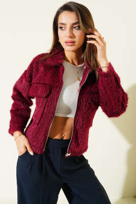 Çift Göğüs Cepli Sakallı Kısa Ceket Bordo - Kadın Giyim Modelleri