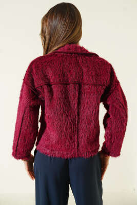 Çift Göğüs Cepli Sakallı Kısa Ceket Bordo - Kadın Giyim Modelleri