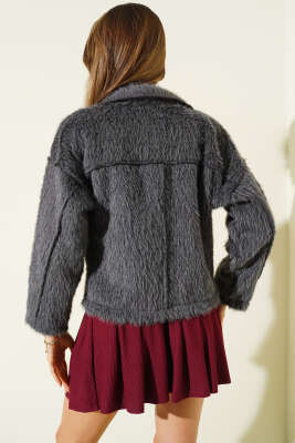 Çift Göğüs Cepli Sakallı Kısa Ceket Füme - Kadın Giyim Modelleri