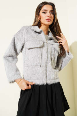 Çift Göğüs Cepli Sakallı Kısa Ceket Gri - Kadın Giyim Modelleri