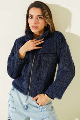 Çift Göğüs Cepli Sakallı Kısa Ceket Lacivert - Kadın Giyim Modelleri