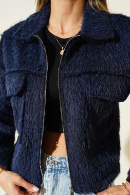 Çift Göğüs Cepli Sakallı Kısa Ceket Lacivert - Kadın Giyim Modelleri