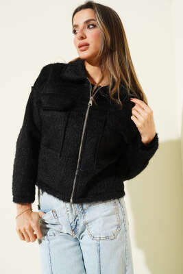 Çift Göğüs Cepli Sakallı Kısa Ceket Siyah - Kadın Giyim Modelleri