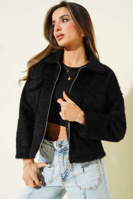 Çift Göğüs Cepli Sakallı Kısa Ceket Siyah - Kadın Giyim Modelleri