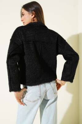 Çift Göğüs Cepli Sakallı Kısa Ceket Siyah - Kadın Giyim Modelleri