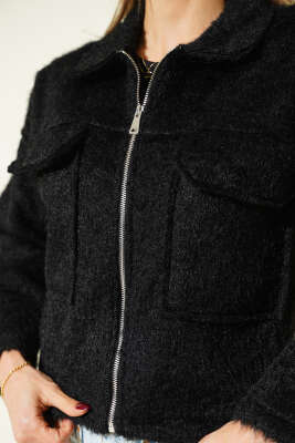 Çift Göğüs Cepli Sakallı Kısa Ceket Siyah - Kadın Giyim Modelleri