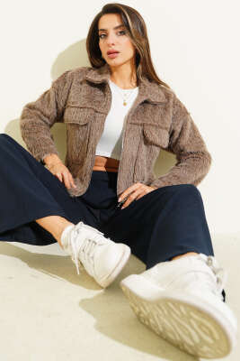 Çift Göğüs Cepli Sakallı Kısa Ceket Vizon - Kadın Giyim Modelleri