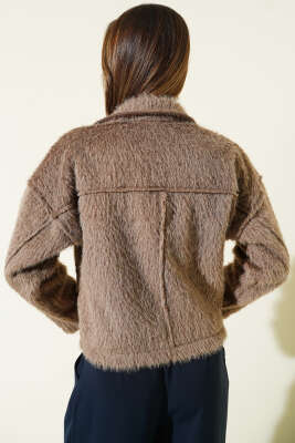 Çift Göğüs Cepli Sakallı Kısa Ceket Vizon - Kadın Giyim Modelleri