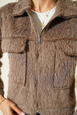 Çift Göğüs Cepli Sakallı Kısa Ceket Vizon - Kadın Giyim Modelleri