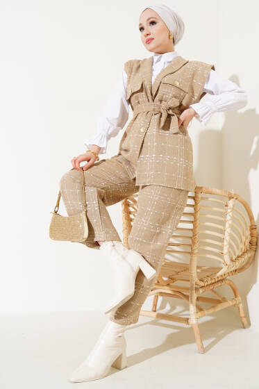 Çift Göğüs Cepli Tüvit Desen İkili Takım Bej - İkili Takım