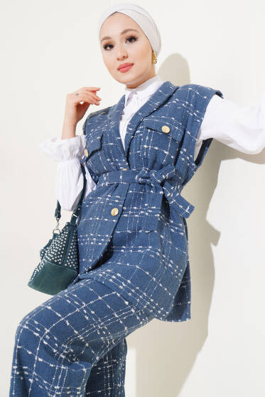 Çift Göğüs Cepli Tüvit Desen İkili Takım İndigo - İkili Takım