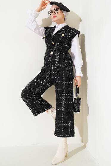 Çift Göğüs Cepli Tüvit Desen İkili Takım Siyah - İkili Takım