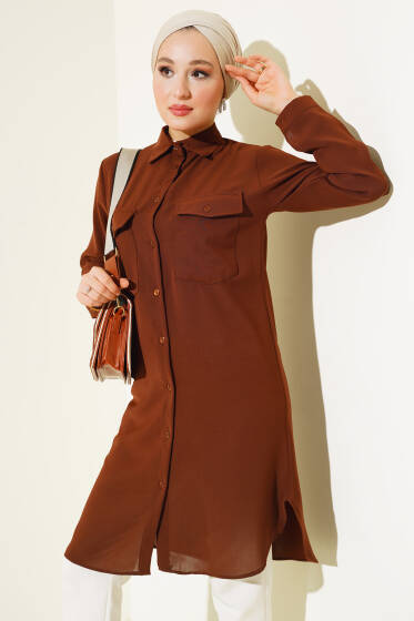 Çift Göğüs Cepli Uzun Gömlek Kahve - Gömlek