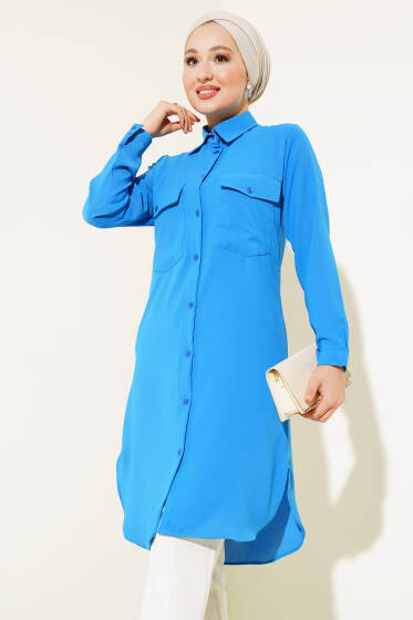 Çift Göğüs Cepli Uzun Gömlek Mavi - Gömlek
