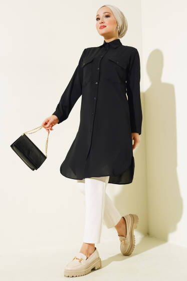Çift Göğüs Cepli Uzun Gömlek Siyah - Gömlek