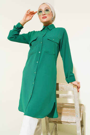 Çift Göğüs Cepli Uzun Gömlek Yeşil - Gömlek