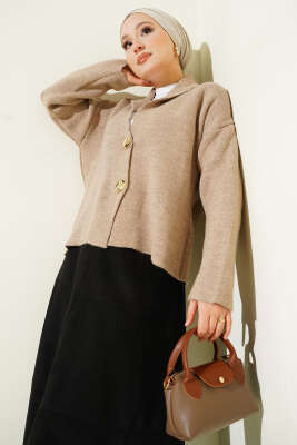 Çift Gold Düğmeli Kısa Triko Hırka Bej - RAFİMİX