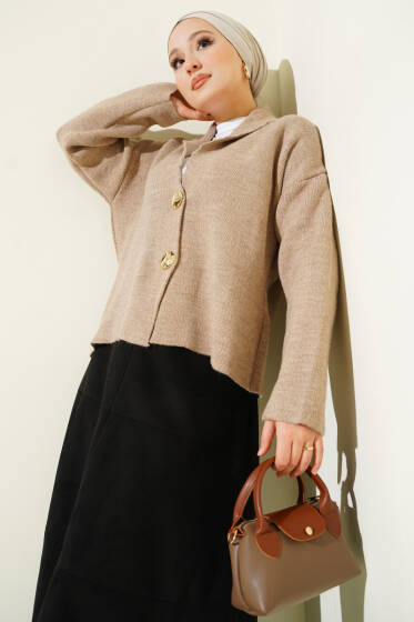 Çift Gold Düğmeli Kısa Triko Hırka Bej - Hırka
