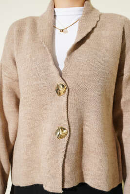 Çift Gold Düğmeli Kısa Triko Hırka Bej - Hırka